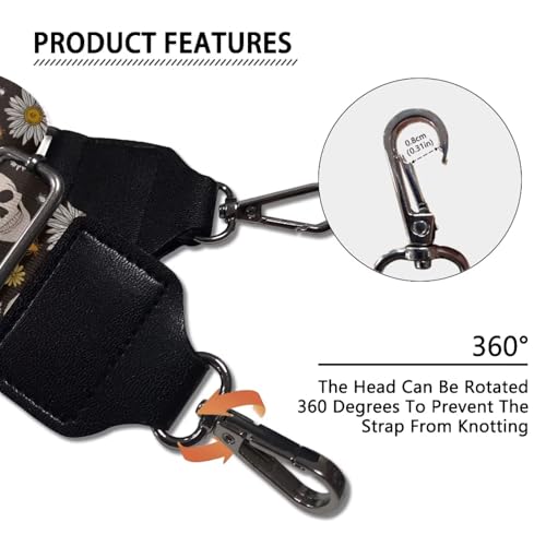 Image of Coldinair Skull Luggage Strap Replacement Wide Bag Strap,Hippie Flower Guitar Strap for Purses Crossbody, Easy to Install Purse Making Supplies