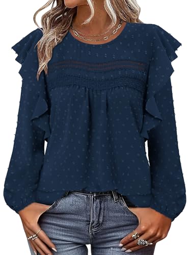 BETTE BOUTIK Womens Boho Fall Long Sleeve Shirts Crewneck Dressy Casual Blouses Trendy Flowy Tops