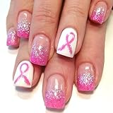 24Pcs Sparkly Breast Cancer Square Press on Nails Short Square Fake Nails Pink Ribbon False Nails with Pink Glitter French Tips Design Breast Cancer Awareness Artificial Nails for Women and Girls