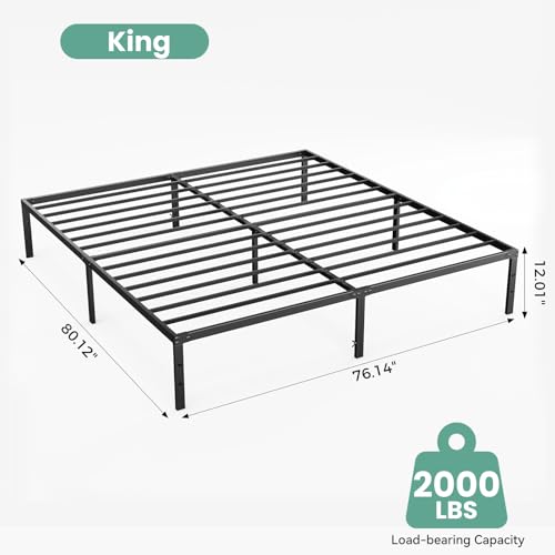 Image of Sweetcrispy King Size 12 Inch Platform Bed Frame, Heavy Duty Metal Foundation Frame, Noise-Free Sturdy Steel Slats, Underbed Storage, No Box Spring Needed, Quick Setup