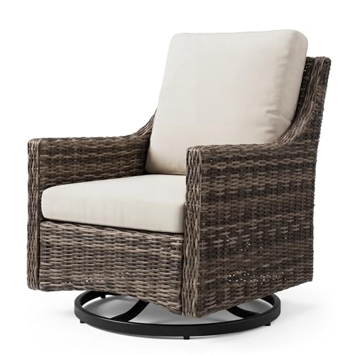 Varmoza Outdoor Swivel Rocker Patio Chair with Premium Cushion, High Back Wicker Patio Swing Glider for Deck, Porch, Patio and Poolside (Beige, 1 Pcs - Swivel Glider)