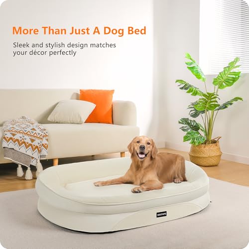 HMTOPE Orthopädisches Hundebett, Hundesofa, Vierseitiges Nackenrolle Kissen, rutschfeste Unterseite Hundekorb, Abnehmbar und Waschbar, Mittelgroße Hunde, Grosse Hunde, 106 x 79 x 17 cm, Beige
