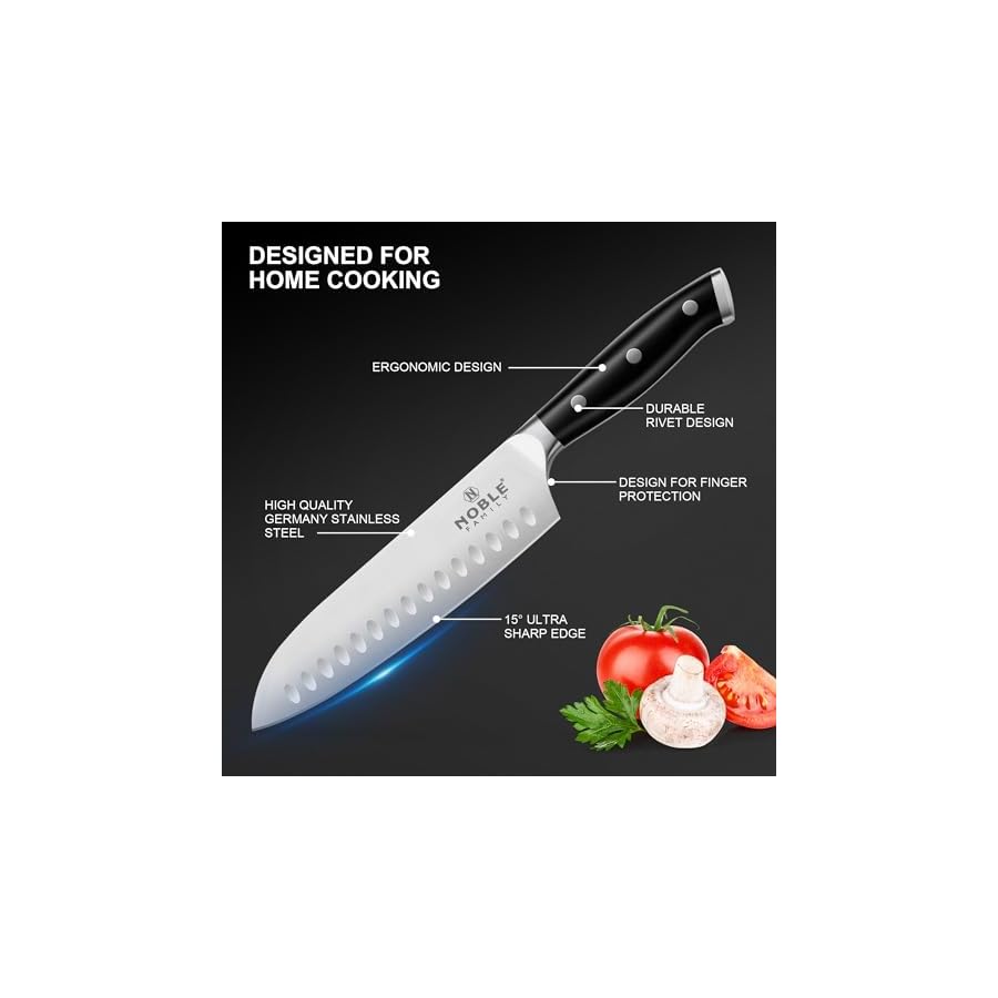 N NOBLE FAMILY Knife Set with Block, 16Pcs Kitchen Knives Drawer Organizer Set with Sharpener, Cutting Board, Anti-Slip Chef Knives Set with 6Pcs Steak Knives, Black