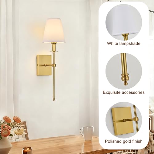Image of Hardwired Wall Sconce Set of 2, Gold Sconce with Fabric Shade and Column Stand,2 Pack Wired Wall Sconce for Dinning Room Bedroom Living Room Entryway Loft Foyer