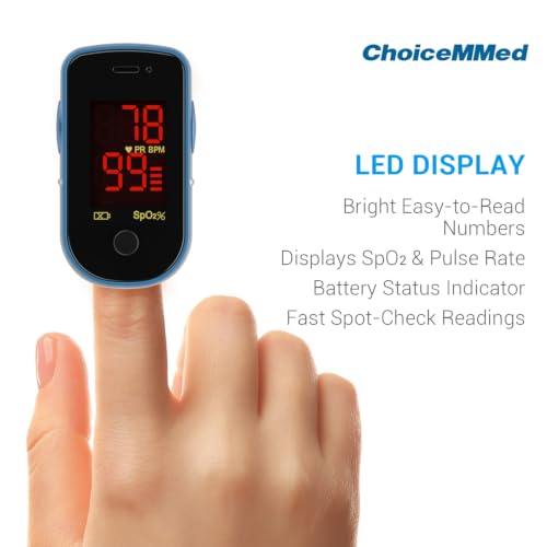 Image of CHOICEMMed Finger Pulse Oximeter, Blood Oxygen Saturation Monitor, Fingertip O2 Sensor with LED Display, Pulse Rate Reader, Portable SpO2 Monitor with Batteries, Carry Case & Lanyard, Blue