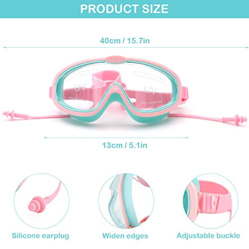 Image of PROBEROS Swimming Goggles for Kids with Ear Plugs, Big Frame Leakproof Anti-fog Swimming Goggles for Kids, Swim Goggles with UV Protection Adjustable Swim Goggles for Boys Girls for Age 6-14 (Pink)