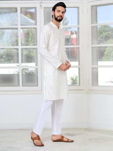 Image of See Designs Men's Full Sleeve Mandarin Collar Ethnic Motifs Embroidered Sequinned Mandarin Collar Straight Long Kurta with Pyjama - Festive Collection