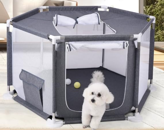 Pet Playpen, 6-Panel Portable Dog Playpen with Breathable Mesh & Zippered Door, Indoor/Outdoor Puppy Playpen with Storage Pocket, Foldable Exercise Pen