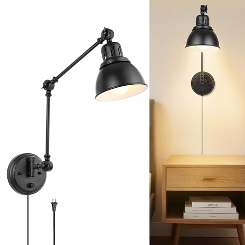 Image of GOODATE 1 Pack Plug in Wall Sconce, Dimmable On Off Switch, Swing Arm Wall Lamp, Black Metal Industrial, Plug in Wall Light (Black, Without Bulb+Remote)