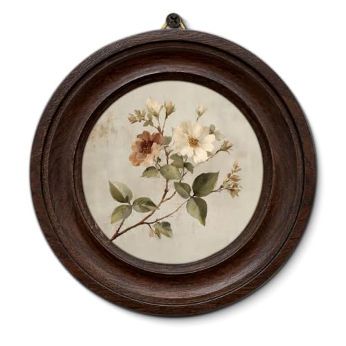 Framed Vintage Floral Round Wall Art, Botanical Prints Cottagecore Decoration