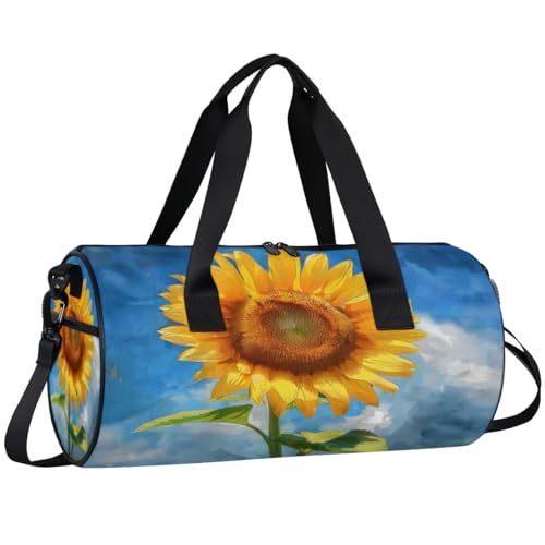 Sunflower Vintage Round Barrel Sports Fitness Bag, Travel Luggage Bag, Reusable Handbag, Suitable For Men and Women