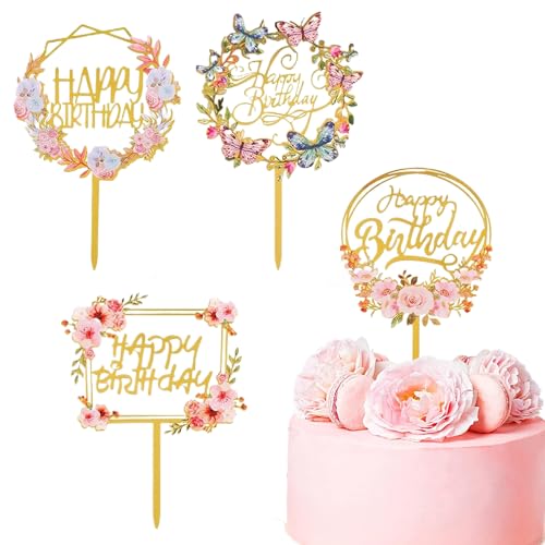 4 Pcs Happy Birthday Cake Decoration,Acrylic Flower Cake Toppers for Various Birthday Party Anniversary Cake Pastries Decorations (Gold)