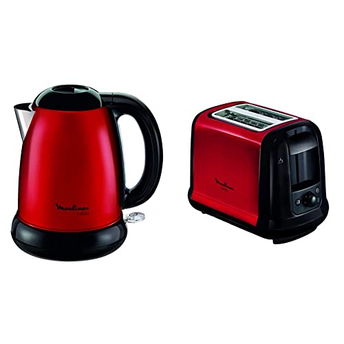 Moulinex LT260D11 Grille-Pain Toaster Subito 2 Fentes Décongélation Réchauffage Thermostat Réglable Rouge Inox 850W + BY540510 Bouilloire Électrique sans Fil Subito Rouge Inox 1,7 L 2400W