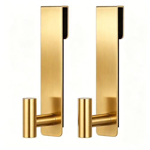 HUFEEOH 2-Pack Over The Door Hooks, Stainless Steel Door Hanger for Towels & Coats, Bathroom Towel Rack Coat Rack, Tool-Free Hooks for Hanging (Gold, Fits 3/8" Thick Door - T Shape 2 Pack)