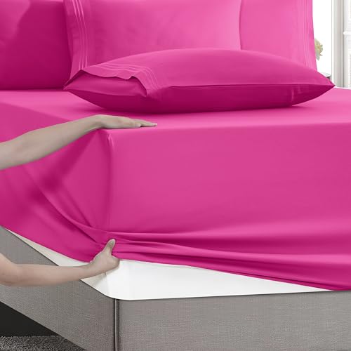 Image of Mocassi Luxury 4-Piece Sheet Set, Ultra Soft 1800 Premium Hotel Quality Microfiber Sheet Set, Fits Mattresses Up to 18 to 24 Inches Extra Deep Pocket - Breathable and Secure Fit, Twin, Pink