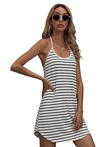 SheIn Women s Striped Scoop Neck Sleeveless Curved Hem Backless Cami Short Dress White Striped Small