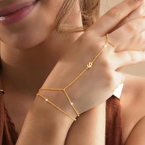 M MOOHAM Initial Hand Chain for Women - Dainty Gold Ring Bracelet Hand Chain for Women Trendy, Letter A-Z Initial Link Charm Bracelets Personalized Gold Jewelry Gifts3