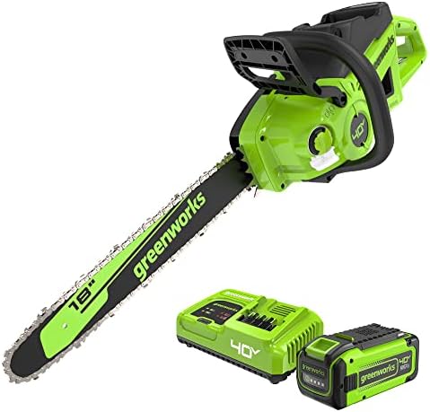 Greenworks 40V chainsaw showing 18-inch bar and brushless motor