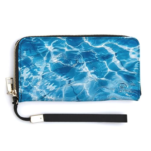 Blue Water Ripples Wristlet Long Wallet Womens Purse Zip Clutch Large Capacity Leather Purse Credit Coin Purse