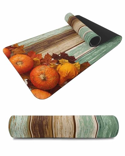 Debedcor Heat Proof Table Pads Waterproof Decorative, Fall Pumpkin Maple Non-Slip Table Countertop Protector, Rustic Teal Brown Wooden Insulation Mat for Kitchen Room, 40 x 12 Inches
