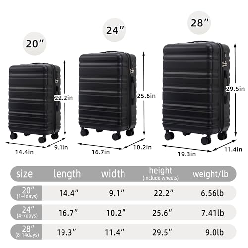 Hardshell Luggage Set of 3, 20/24/28 Inch Spinner Suitcases, Black, TSA Lock, 360° Wheels3