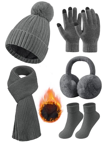 Niwicee Gorro Bufanda y Guantes Invierno Mujer Set 5PCS, Gorro Invierno Bufanda Larga Guantes con Pantalla Táctil Orejeras Térmicos Conjunto de Calcetines (Gris)