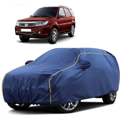 Image of Sulfar 100% Water Resistant Car Body Cover Compatible with Mirror for Tata Safari Storme (Triple Stitched, Full Bottom Elastic, Blue Taffeta with Yellow Piping)