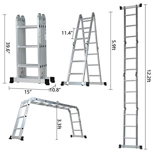 SUNCOO 12.5FT Folding Ladder, 7 in 1 Multi-Purpose Aluminium Extension Ladders, Lightweight Scaffold Attic Stepladder GS&EN 131 Standard, 330lbs - Thumbnail 2
