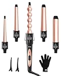 Hair Curler, Ohuhu 5 in 1 Curling Wand, Hair Curler Wand 9-32mm Interchangeable Ceramic Barrel Heat Protective Glove 2 Clips Dual Voltage, Hair Curlers Gift for Women