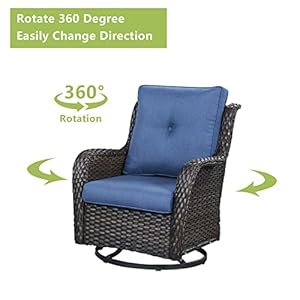 3 pieces patio bistro set outdoor wicker rocking swivel chairs set with 2 swivel chairs and 1 glass top side table for outside deck porch gardenbrown wickerblue cushion  urban country home decor