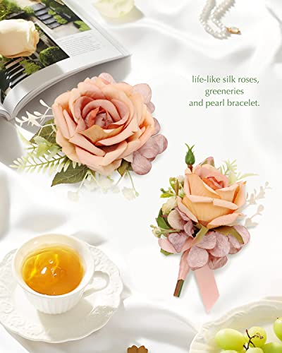 Ndeno Ivory Rose Wrist Corsage and Boutonniere Set Artificial Men Corsage Wristlet Band Bracelet for White Wedding Flowers Ceremony Accessories Prom Suit Decorations (2, Orange)
