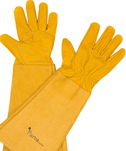 Thorn Proof Elbow Length Gardening Gloves | Canvas Gauntlet and Leather Gloves (Size X-Large, Color Neutral/Grey)