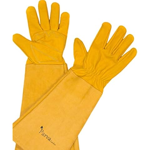 Pruning Gloves, Rose Gardening for Women and Men - Elbow Length Garden Gloves - Pruning Leather Gardening Gloves with Thorn Proof Canvas Gauntlet (Extra Large, Color Yellow) Cover