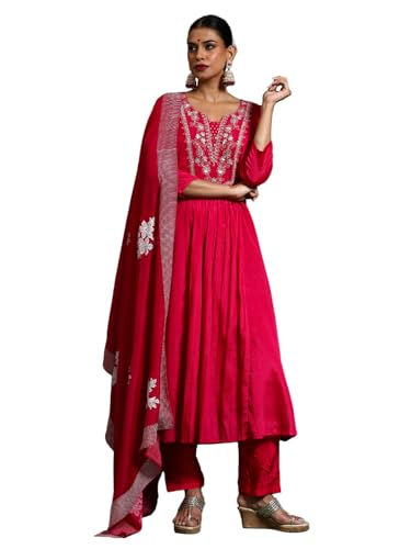 Kurta avec pantalon ensemble de cérémonie trois pièces pour femme fuchsia brodé