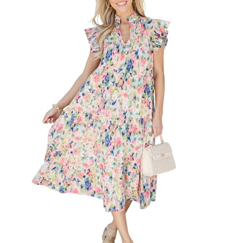 Image of Women Patchwork Dress Y2k Floral Puff Short Sleeve Maxi Dress Summer Boho Smocked Tiered Ruffle Beach Sundress