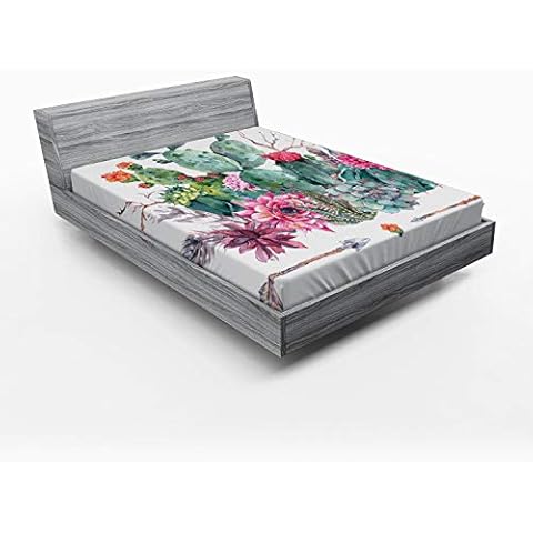 Ambesonne Cactus Fitted Sheet with Elastic Pocket, Queen Size Cover