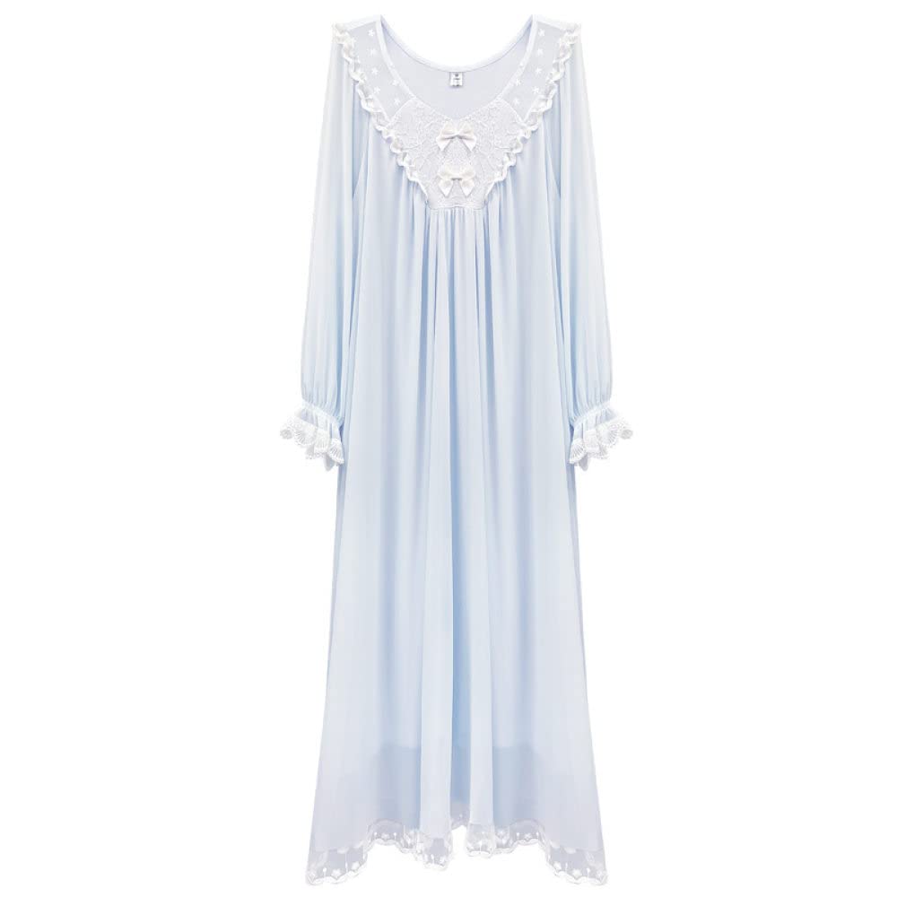 Nachtwäsche Damen,Damen-Nachthemden, Hellblau, Rundhals, Spitze, Rüschen, Schleife, Netz, Elegantes Schlafhemd, Weiches, Bequemes, Lange Ärmel, Nachthemd, Loungewear Für Damen, Mädchen, Pyjama-