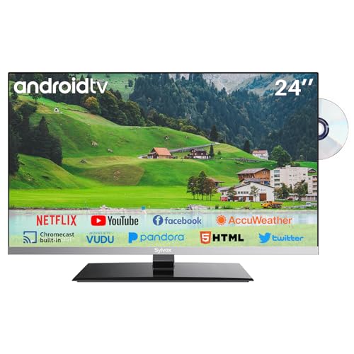 SYLVOX 24 inch Smart TV with DVD Player Built in and Satellite Decoder, Google Play, Frameless RV TV 1080P FHD, Support WiFi Bluetooth, HDMI USB, Android 12V TV for Campervans, Motorhomes, Caravans