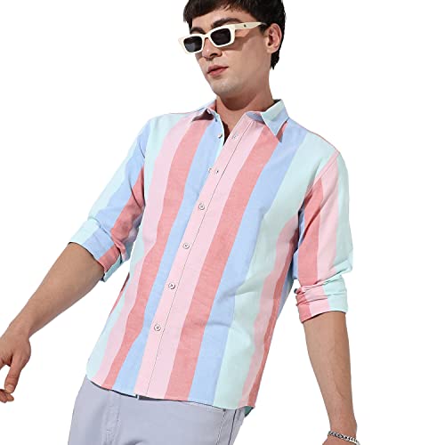 Image of CAHOOT Mens Multicolour Roman Striped Button Up Regular Fit Shirt for Casual Wear Cotton Spread Collar Crafted with Sleeve Comfort and High Performance Everyday