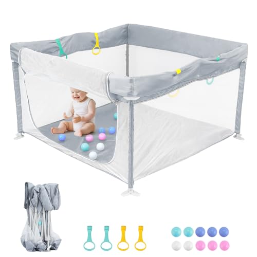 HOMGEN Foldable Playpen for Babies and Toddlers Large 120x120cm Portable Play Pen with Washable Fabric, X-Fold Design & Travel Bag Includes Ocean Balls & Pull-Up Handles for Indoor/Outdoor Use