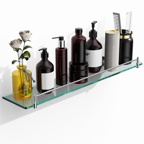KOCOK 24 Inch Glass Bathroom Shelves,Chrome Polished Floating Shelves for Wall Rectangular Modern Stainless Steel Glass Shelf for Bathroom Shelves Wall Mounted