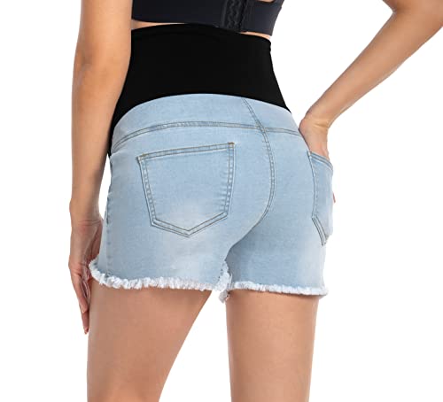 Foucome Women's Maternity Jean Shorts Over The Belly Denim Shorts Pregnancy Summer Casual Short Jeans(Light Blue, L) #TOP2