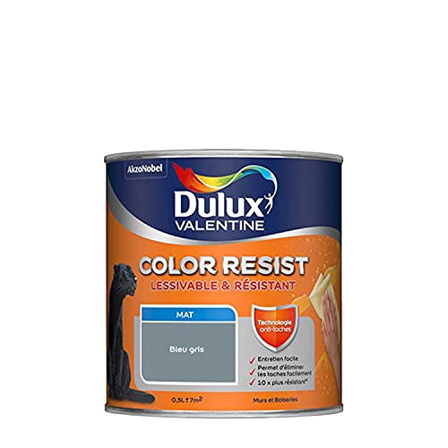 Dulux Valentine Color Resist Pièces à Vivre - Peinture Intérieure Murs, Plafonds, Boiseries - Lessivable et Résistante - Couleur : Bleu Gris - 0,5 L