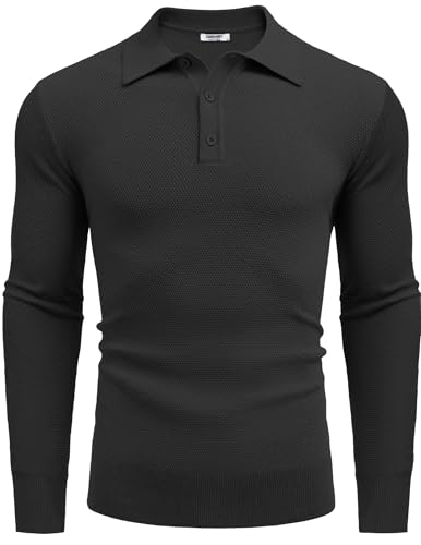 COOFANDY Mens Knit Polo Shirts Long Sleeve Casual Polo Sweaters Shirt Waffle Textured Collared Sweater4