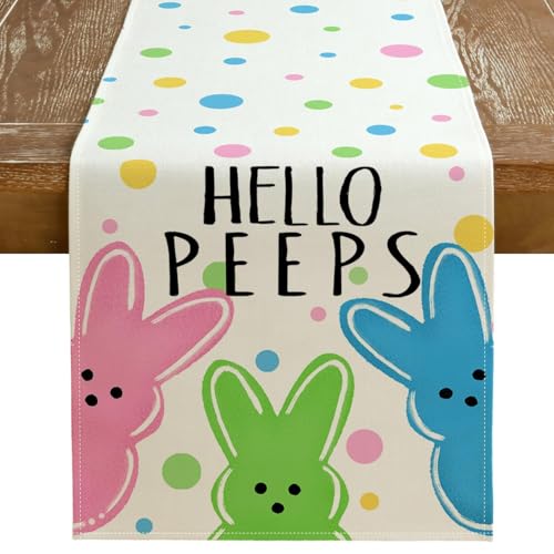 GEEORY Easter Table Runner 13x72 Inch Hello Peeps Bunny Spring Decorative Farmhouse Table Decoration for Kitchen Dinning Indoor Outdoor Dinner Party Decor