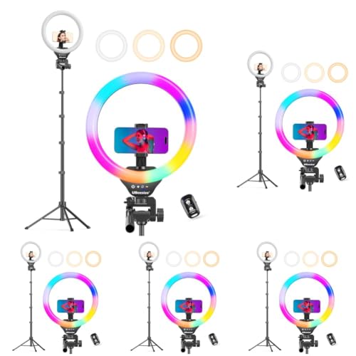 Image of UBeesize 12'' LED RGB Ring Light with 62'' Tripod Stand, Selfie Ring Light for Video Recording, Live Streaming, TikTok & YouTube, Compatible with iPhone & Android (Pack of 5)