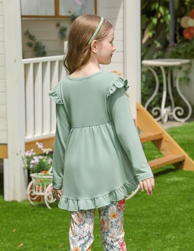 Image of Yekaty Girls Clothes Ruffle Shoulder High Low Hem Long Sleeve Top and Floral Pants 2 Piece Fall Outfits Clothing Set