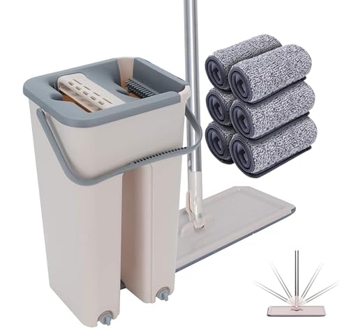 SWISSPACK Floor Mop and Bucket Set Easy and Simple Squeeze Mop Bucket Flat Mop with Multi -Pack Replacement Machine Washable Microfibre Mop Pads for All Floors Types (37cms x 31 cms 6 Pads)
