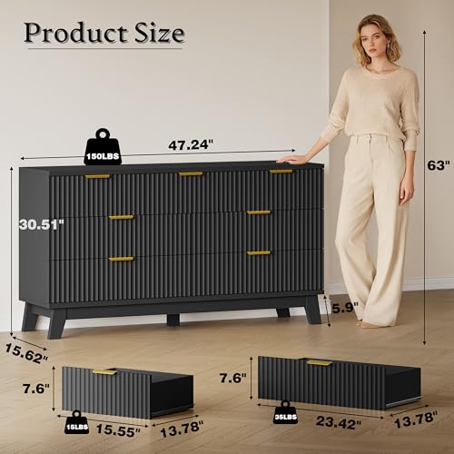 Image of BORNOON Fluted 7 Drawer Dresser, 47.2 inch Wide Modern Boho Chest of Drawers, Wooden Storage Dresser TV Stand for Bedroom, Living Room, Closet, Hallway, Curved Profile Design