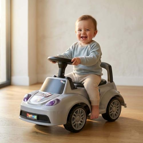 Image of Kids Ride On Car Grey for Toddlers with Steering Wheel & Backrest | Foot to Floor Baby Push Car | Indoor Outdoor | Strong Wheels & Comfortable Seat | Racing Design for Boys & Girls (1-3 Years)